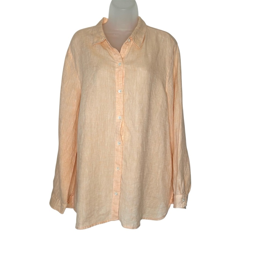 J JILL LOVE LINEN Size L Peach Orange Long Sleeve‎ Button Down Tunic Top Blouse.